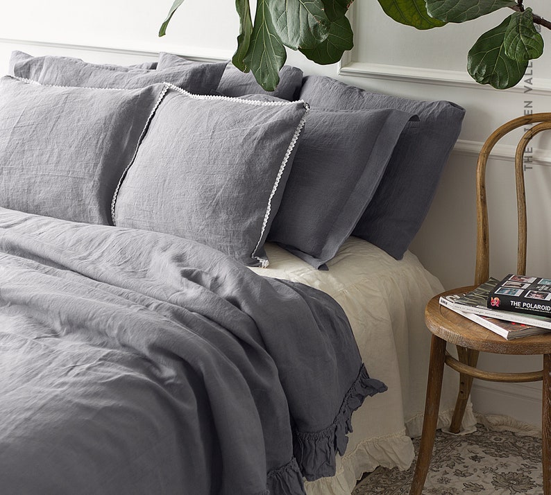 Grey Linen Duvet Cover - Stonewashed Flax Bedding - Ruffled Gray Queen King Comforter - OEKO TEX Certified Mid Weight Natural Linen image 3