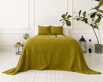 Olive Green Linen Bedspread - Green King Queen Coverlet- Breathable  Eco Linen -Stonewashed Flax