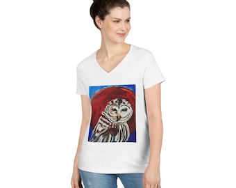 Whimsical Owl V-Neck T-Shirt, Artsy Animal Tee, Nature Lover Gift