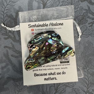 May include: An iridescent abalone shell, with a unique, natural pattern, is displayed in a small, sheer, drawstring bag. A white tag reads "Sustainable Abalone" and "Because what we do matters."
