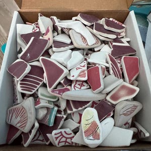 May include: A cardboard box filled with various pieces of broken pottery. The pottery shards are primarily white with burgundy and red decorative patterns. Some pieces have striped or floral designs. The box is open, revealing the contents.
