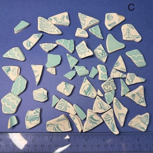 May include: A collection of broken ceramic pieces with a cream-colored base and turquoise designs. The designs include sea creatures, coral, and wave patterns. A ruler is at the bottom, with measurements in inches.