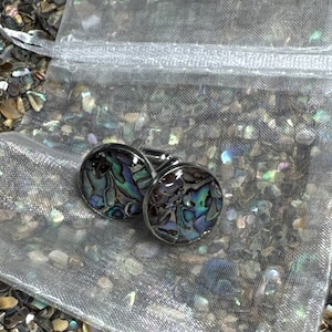 May include: A pair of round cufflinks with iridescent abalone shell inlays. The cufflinks have a silver-colored metal border and are displayed on a sheer, silver-colored pouch. The background is filled with small, colorful shell fragments.