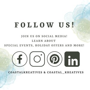 以下が含まれることがあります： 「FOLLOW US!」と「JOIN US ON SOCIAL MEDIA! LEARN ABOUT SPECIAL EVENTS, HOLIDAY OFFERS AND MORE!」というテキストと、Facebook、Instagram、Pinterest、LinkedInのアイコンが描かれたグラフィック。グラフィックの下部には「COASTALKREATIVES & COASTAL_KREATIVES」というテキストがあります。