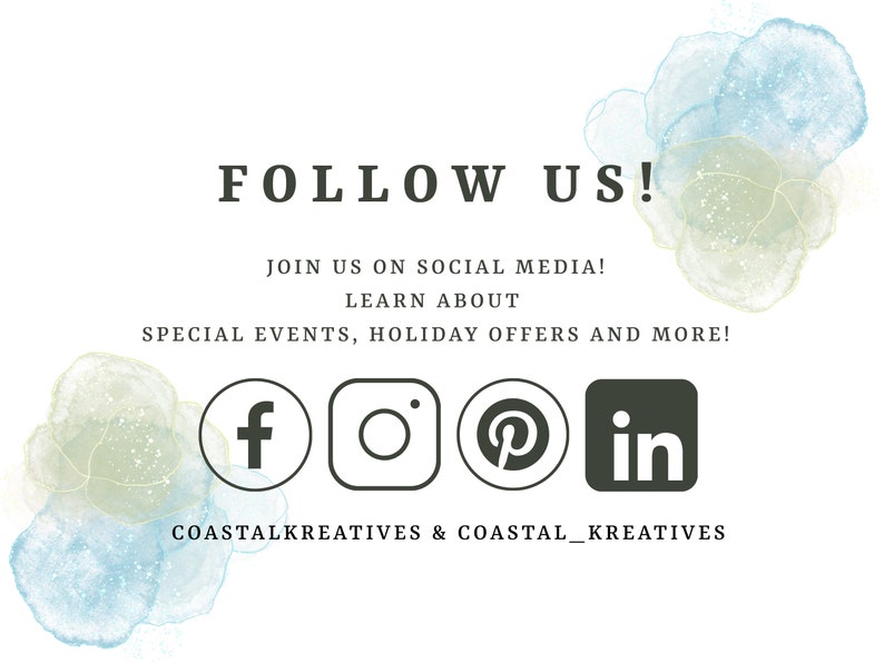 以下が含まれることがあります： 「FOLLOW US!」と「JOIN US ON SOCIAL MEDIA! LEARN ABOUT SPECIAL EVENTS, HOLIDAY OFFERS AND MORE!」というテキストと、Facebook、Instagram、Pinterest、LinkedInのアイコンが描かれたグラフィック。グラフィックの下部には「COASTALKREATIVES & COASTAL_KREATIVES」というテキストがあります。