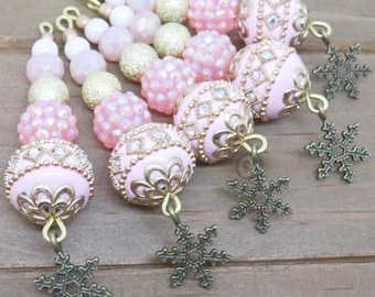 Pink Beaded Icicle Ornaments: Victorian Snowflake Christmas Decor, Set of 5