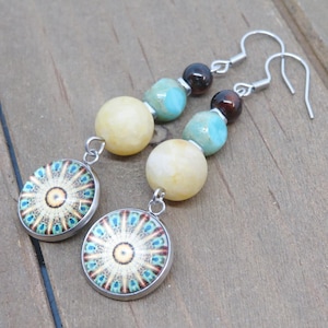 Yellow and teal mandala earrings.