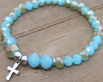 Teal Faceted Glass Beaded Cross Bracelet, Religious Jewelry