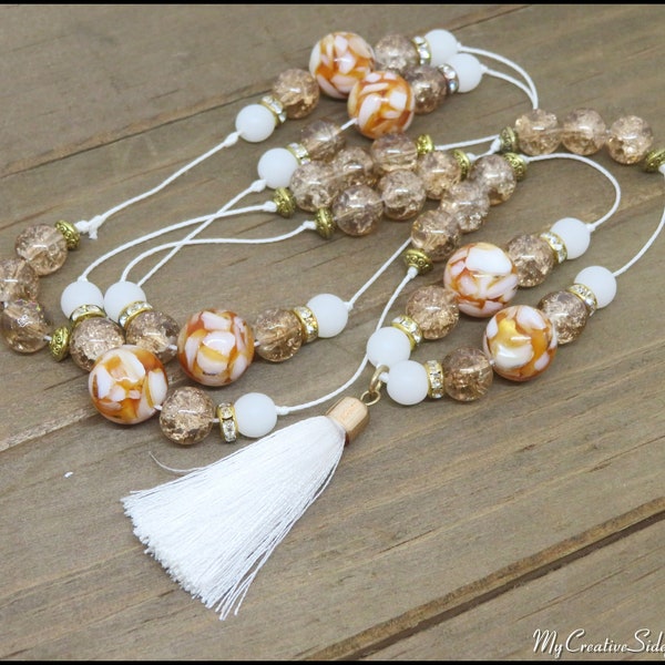 Champagne and White Handknotted Necklace, Hand Knotted Boho Tassel Necklace, Orange and White Tassel Pendant Necklace, Long Necklace