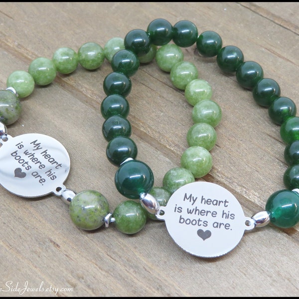 My Heart Where His Boots Are Bracelet, Army Mom & Wife Gift, Soldier Family Jewelry, Military Deployment, Gemstone Jewelry