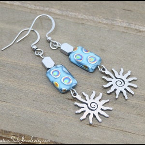 Sunburst Earrings, Blue Sun Earrings, Boho Chic Czech Glass Jewelry, Funky Unique Earrings, Spring Summer Fashion image 1