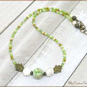 Green Seed Bead Hamsa Necklace: Boho Howlite Choker