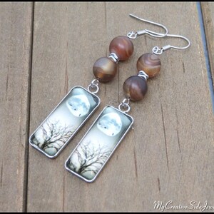 Coffee agate earrings with full moon night sky image charms.