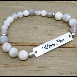 Military Mom Bracelet: Gray Agate Gemstone Charm, Stainless Steel Bar