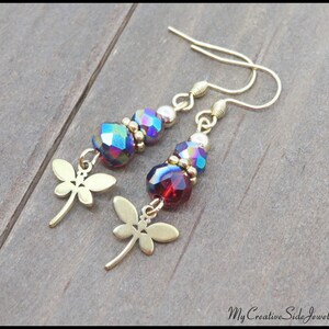 Dragonfly Earrings, Deep Red Glass Bead Earrings, Symbolic Jewelry, Spring Summer Fashion