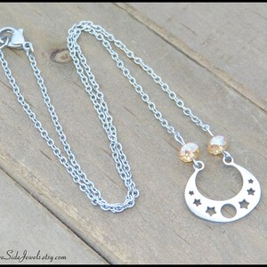 Celestial Necklace: Stainless Steel Moon & Stars Charm with Citrine Beads
