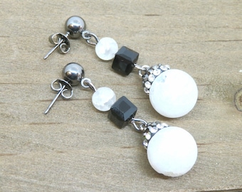 Black and White Druzy Dangle Earrings, Elegant Vintage Style Formal Earrings, Gunmetal Post Earrings, Gemstone Earrings