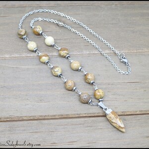 Picture Jasper Pendant Necklace: Boho Beaded Gemstone, Stainless Steel Chain