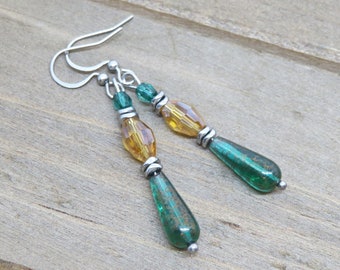 Green Teardrop Czech Glass Earrings: Vintage Boho Dangle