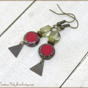 Red Czech Glass Art Deco Earrings: Geometric Dangle Jewelry