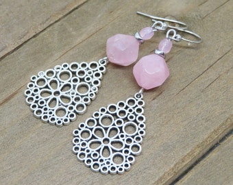 Pink Teardrop Flower Earrings, Rose Quartz Dangle Earrings, Boho Chic Jewelry, Funky Unique Earrings, Spring Summer Fashion
