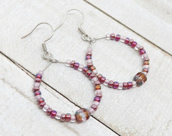 Pink Purple Beaded Hoop Earrings, Czech Glass Bead Hoops, Boho Chic Stainless Steel Earrings, Seed Bead Jewelry, Unique Hoop Earrings