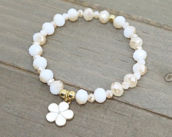 Sparkling White and Gold Beaded Bracelet, Flower Charm, Prom Jewelry, Mother's Day Gift