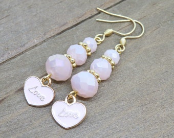 Pink Heart Love Earrings, Valentine's Day Earrings, Sweetheart Jewelry