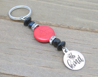 Bee Kind Key Chain: Red Howlite, Stainless Steel Charm