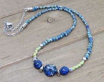 Blue Imperial Jasper Choker Necklace, Boho Chic Beaded Necklace, Rustic Czech Glass Necklace, Blue and Green Necklace