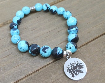 Mama Bear Beaded Bracelet, Turquoise and Black Jade Gemstone Bracelet, Mother's Day Gift, Gift for Mom, Boho Chic Jewelry