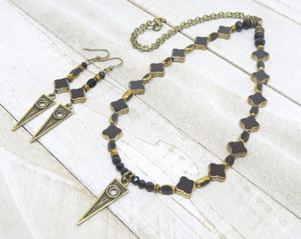 Black Gold Czech Glass Necklace Earring Set: Art Deco Quatrefoil Jewelry