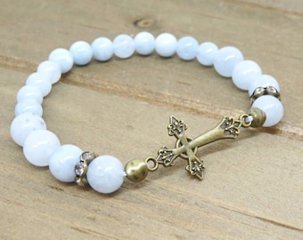 Light Blue Sideways Cross Bracelet, Religious Aqua Blue Chalcedony Jade Gemstone Jewelry, Symbolic Gemstone Stretch Bracelet, Easter Jewelry