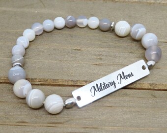 Military Mom Bracelet: Gray Agate Gemstone Charm, Stainless Steel Bar