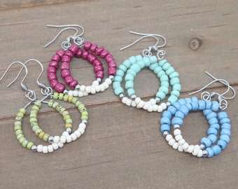 Hoop Earrings, Color Block Beaded Hoop Earrings, Stainless Steel Earrings, Boho Beach Jewelry, Spring Summer Fashion, Unique Earrings