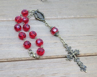 Car Travel Rosary, Red Auto Rosary, Rear View Mirror Ornament, One Decade Prayer Beads, Travel Protection, Religious Gift, Pocket Chaplet