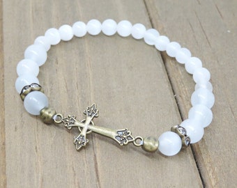 White Sideways Cross Bracelet, Religious Cat's Eye Gemstone Jewelry, Symbolic Gemstone Stretch Bracelet, Easter Jewelry