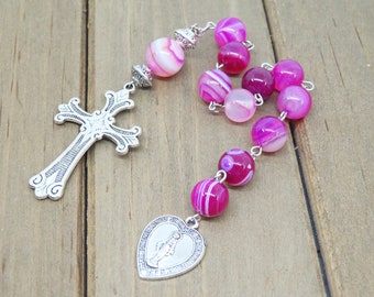 Pink Agate Pocket Rosary, Tenner Rosary, Open Style Rosary, One Decade Prayer Beads, Travel Protection, Religious Gift, Pocket Chaplet