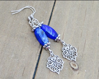 Blue Victorian Style Dangle Earrings, Lapis Blue Czech Glass Jewelry, Elegant Earrings