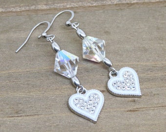 White Rhinestone Heart Earrings: Crystal Dangle Jewelry