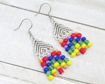 Rainbow Chandelier Earrings, Gay Pride Earrings, LGBTQ Earrings, Chevron Pattern Earrings, Love is Love Jewelry