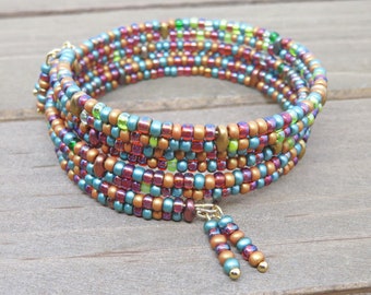 Colorful Metallic Memory Wire Bracelet, Boho Chic Beaded Wrap Bracelet, Seed Bead Jewelry, Statement Jewelry