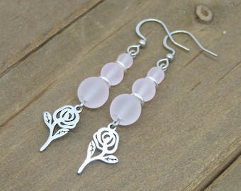 Pink Rose Earrings, Frosted Pink Sea Glass Earrings, Flower Dangle Earrings, Gift for Her, Gift for Gardener, Romantic Gift