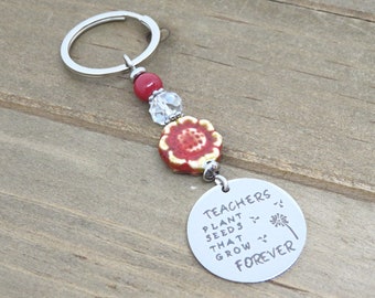 Teacher Key Chain, Stainless Steel Charm, Ceramic Flower Bead