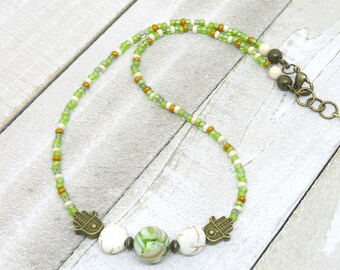 Green Seed Bead Hamsa Necklace: Boho Howlite Choker
