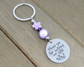 Teacher Gift Keychain, Thank You for Helping Me Grow Charm, Purple Flower Beads