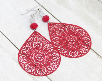 Red Filigree Teardrop Earrings: Boho Lace Flower Dangle Jewelry