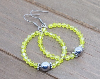 Yellow Beaded Hoop Earrings, Stainless Steel Earrings, Sparkling Glass Bead Hoops, Boho Chic Jewelry, Spring Summer Fashion