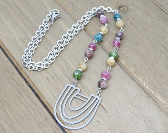 Upside Down Rainbow Necklace, Tourmaline Gemstone Necklace, Colorful Boho Style Beaded Necklace, Hippie Style Necklace