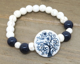 Tree of Life Bracelet: Howlite & Blue Goldstone Beaded Stretch Bracelet